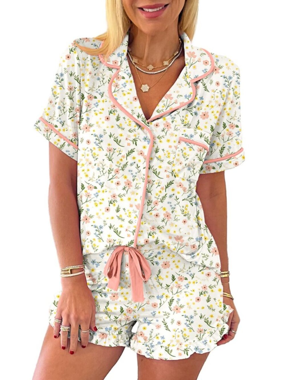 Women’s Christmas Knotted PJ Set Short‑Sleeve Top Candy‑Cane Print Shorts